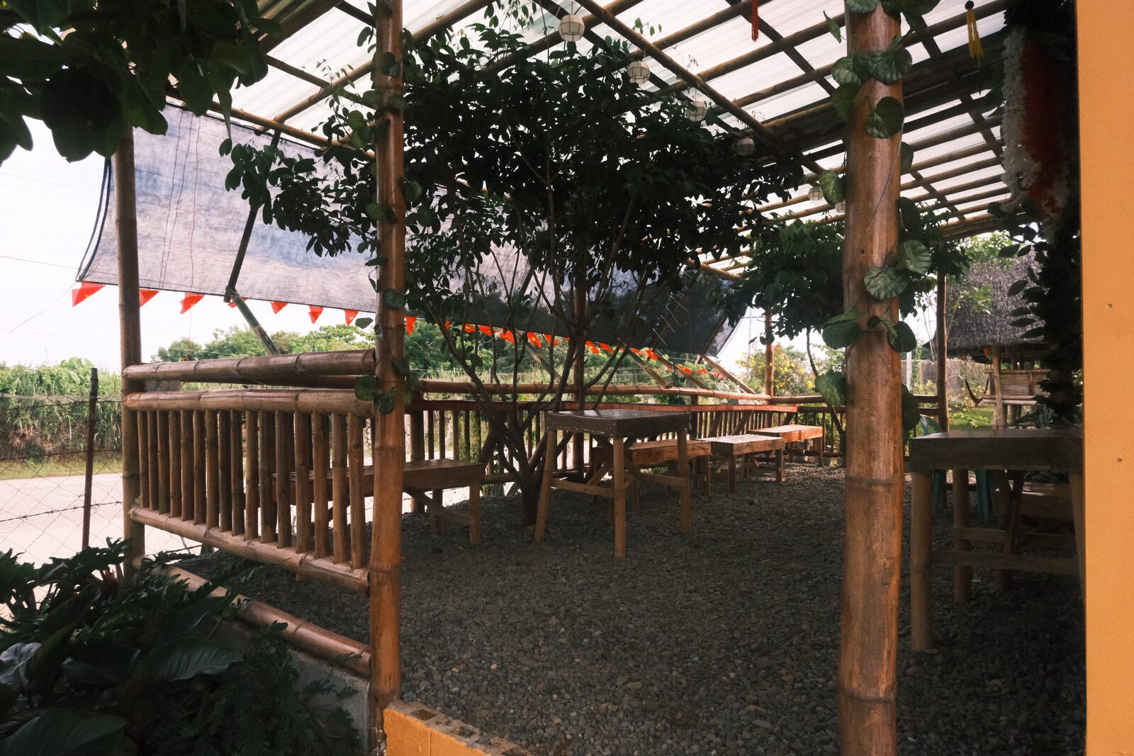 Bamboo pavilion seating under the canopy