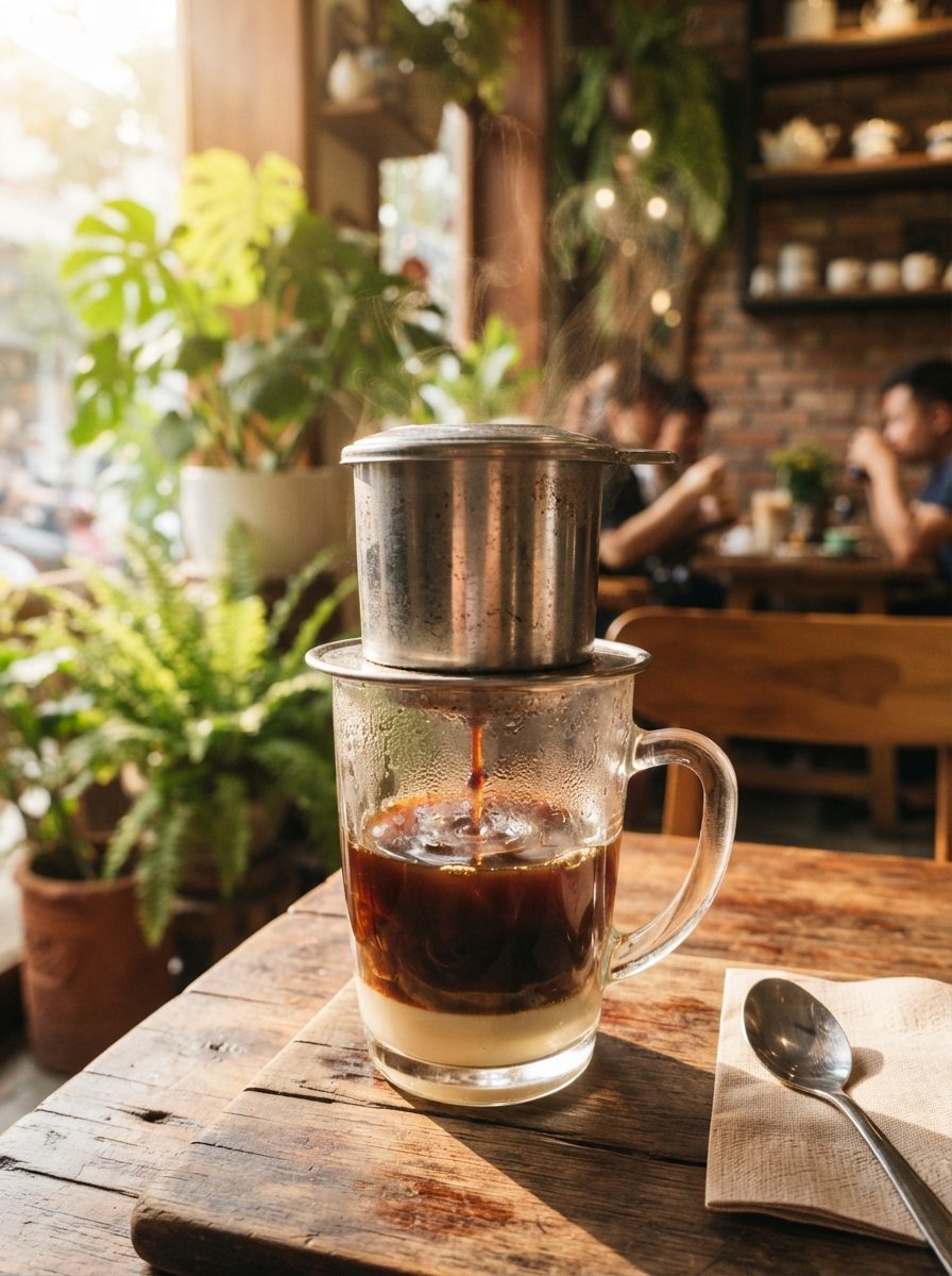 Traditional Vietnamese phin filter dripping coffee