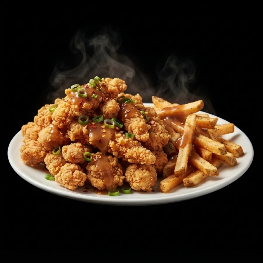 Fried chicken and fries with gravy